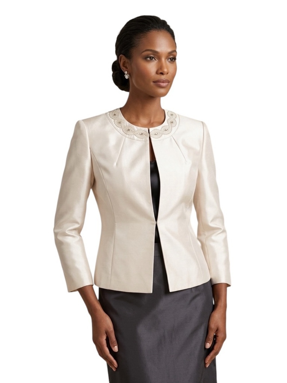 Preston & York Ivory Satin Jacket Size 8 Beaded Neck Formal Occasion